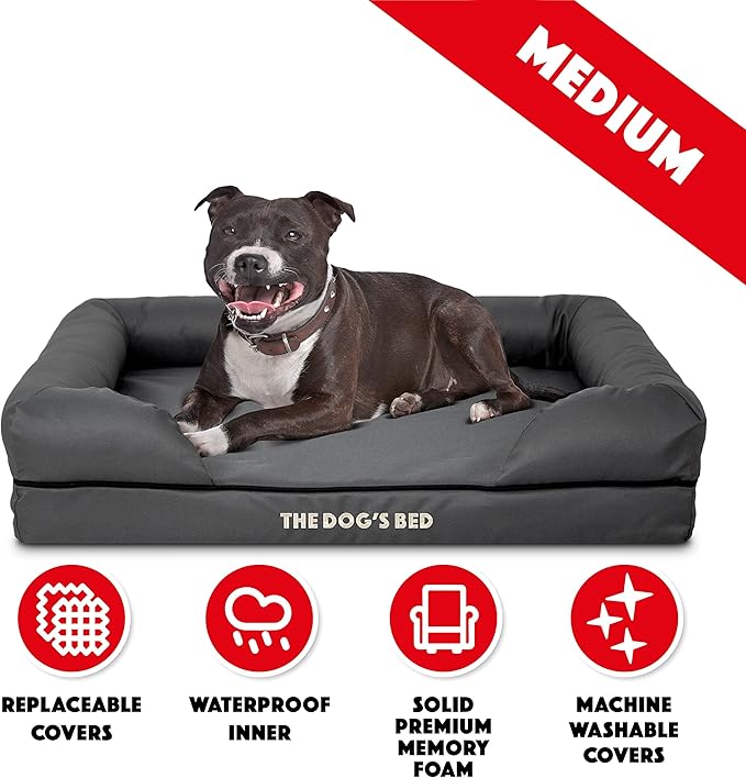 The Dog’s Bed Medium Oxford Grey, Memory Foam, Pain Relief: Arthritis, Hip & Elbow Dysplasia, Post Surgery, Lameness, Supportive, Calming, Waterproof Washable Cover, Veterinary Approved