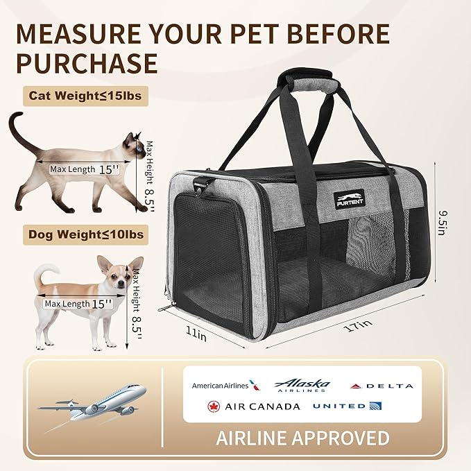 TSA Approved Pet Carrier for Small Cats and Puppies, Soft-Sided and Foldable, Cat and Dog Carrier Fits Pets Up to 15 lbs, Durable Portable Travel Bag with Litter Box, Dark Gray