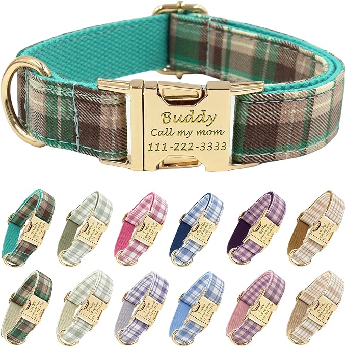 PETDURO Personalized Dog Collar Teal Brown Plaid for Large Medium Dogs | Engraved Name and Phone Number on Gold Metal Buckle for Boys & Girls | Add Leash & Bow Tie via Customize Now