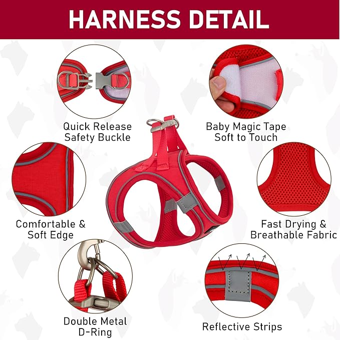 GAMUDA Small Pet Harness Collar and Leash Set, Step in No Chock No Pull Linen Fabric Soft Mesh Dog Vest Harnesses Reflective for Dogs Puppy Cats Kitten Rabbit (Red, XS)
