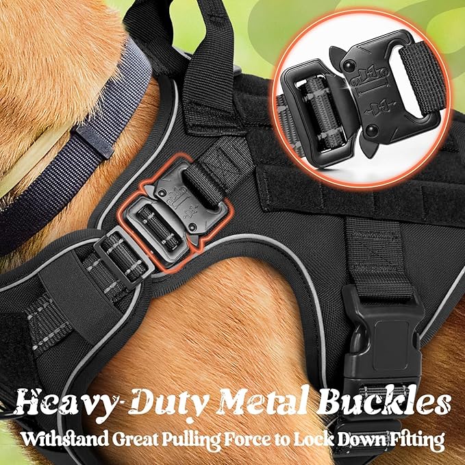 rabbitgoo Upgraded Tactical Dog Harness for Large Dogs, Reflective Heavy Duty Pet Harness with Handle, No-Pull Service Vest, Adjustable Military Vest for Training Hunting Walking, Black, XL