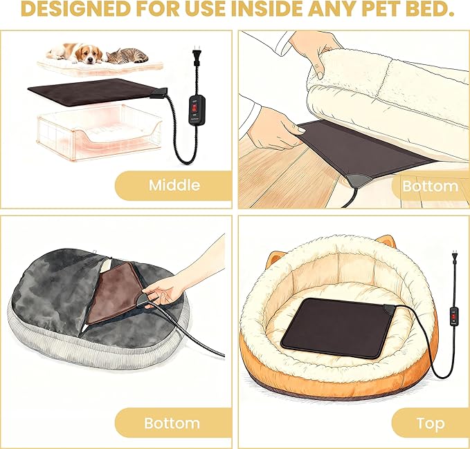 Pet Bed Warmer 25.5 x 19.5 in XL, Indoor Heated Pad Insert for Cats & Dogs, Turns Any Pet Bed Into a Cozy Waterproof Heating Mat, Safe Thermostat & Chew-Resistant Cord