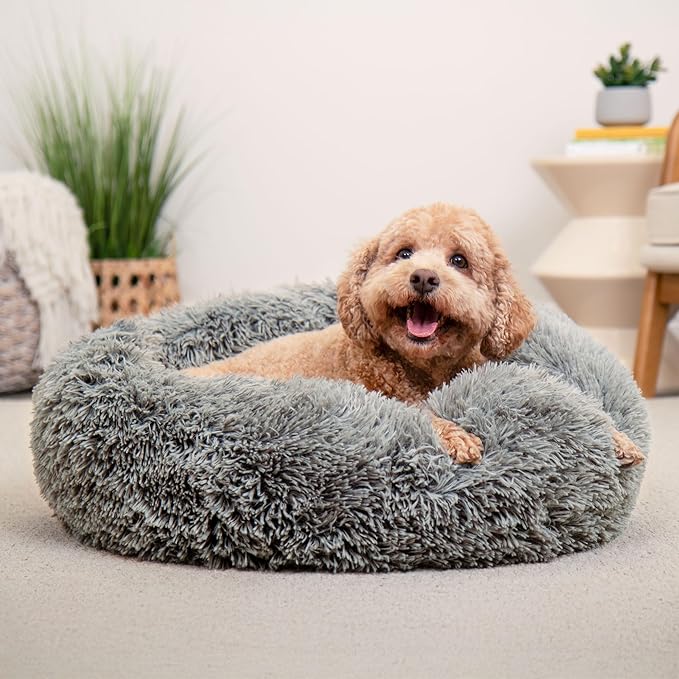 Furhaven 30" Round Calming Donut Dog Bed for Medium/Small Dogs, Refillable w/ Removable Washable Cover, For Dogs Up to 45 lbs - Shaggy Plush Long Faux Fur Donut Bed - Gray, Medium
