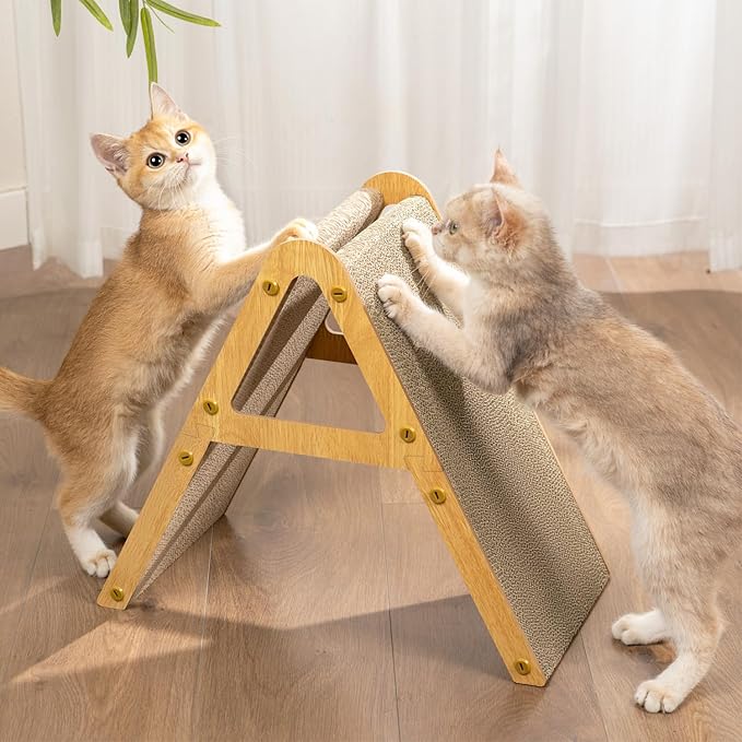 A-Frame Cat Scratching Board, Recycled Cardboard & Wood Frame, Dual-Sided Vertical Horizontal Cat Scratcher for Indoor Kittens, Xmas, Multiple Kitten Scratch Pads, Small