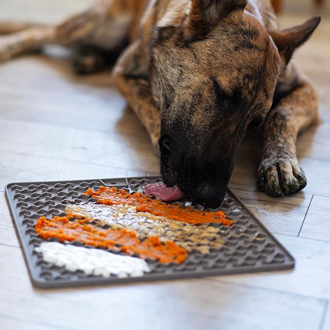 Messy Mutts Silicone Therapeutic Interactive Feeding and Licking Mat | 12” x 12” | Slow Feeder for Boredom & Anxiety | Lick Pad for Cats & Small Dogs | Grey