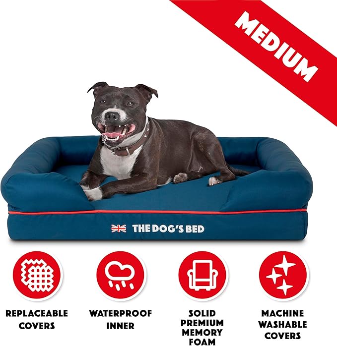 The Dog’s Bed Orthopedic Dog Bed Medium Blue Oxford with Red Trim UK Flag Dog Bed, Memory Foam, Pain Relief, Post Surgery, Lameness, Waterproof Washable Cover Cover, Veterinary Approved