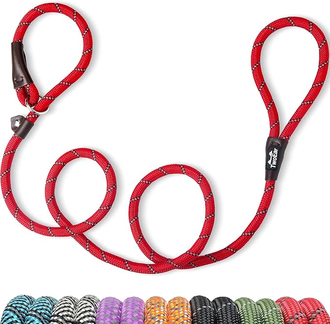 TwoEar Dog Slip Rope Leash - 6FT Heavy Duty Training Leash with Reflective Threads for Small to Large Dogs (Slim, Red)