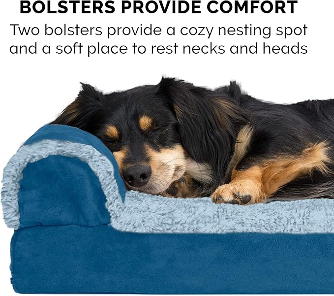 FurHaven Orthopedic Dog Bed for Large Dogs, L-Shaped Chaise Sofa with Orthopedic Egg Crate Foam for Joint Support, Removable Washable Cover, Jumbo XL, Faux Fur & Suede, Marine Blue