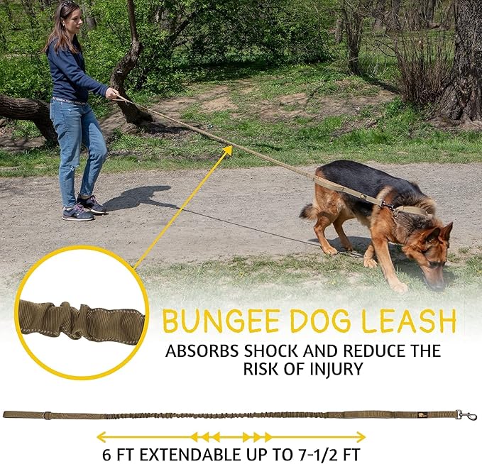ADITYNA Tactical Bungee Dog Leash 6ft-7.5ft - Shock Absorbing Lead with 2 Padded Handles, Metal Clasp, Car Seatbelt - Heavy Duty No Pull for Medium, Large & XL Breeds