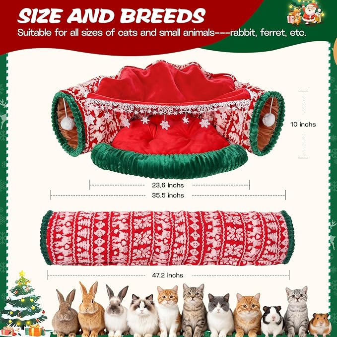 Christmas Cat Tunnel Bed, 2-in-1 Cat Tunnel for Indoor Cats, Soft Washable Covered Pet Cave Bed, Play Tube Pet Toys for Cats, Rabbits, and Small Animals