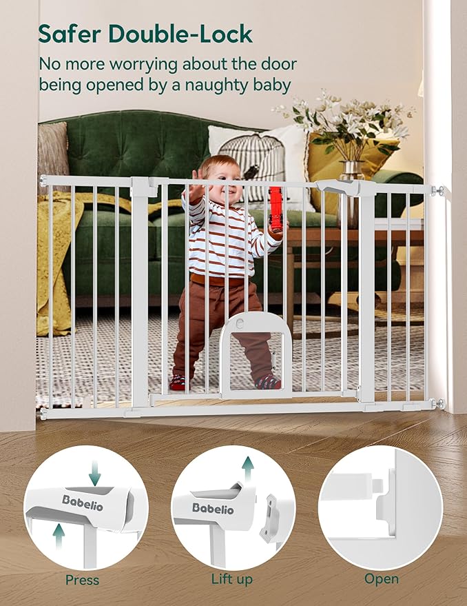 Babelio 36.5-57" Extra Wide Baby Gate with Cat Door,Auto Close&Two Way Swing,Pressure Mounted Dog Gates for Stairs,Doorways,Includes 4 Wall Cups and 3 Extension Pieces,White