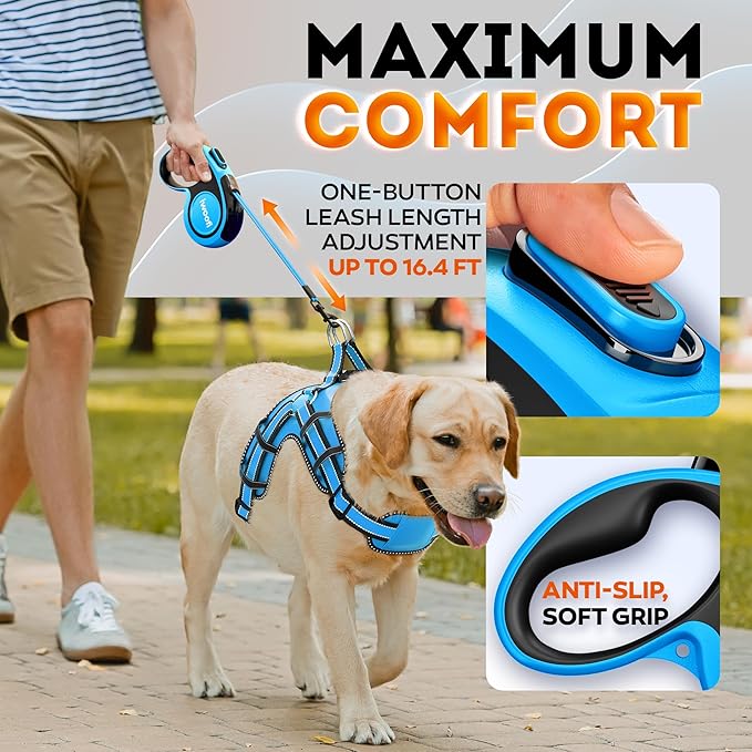 2025 New Retractable Dog Leash 16.4 ft – Heavy Duty for Dogs up to 110 lbs, Stainless Steel Spring, 360° Tangle-Free, One-Touch Lock Control, Soft Anti-Slip Handle – Strong, Durable Pet Leash (Bue)