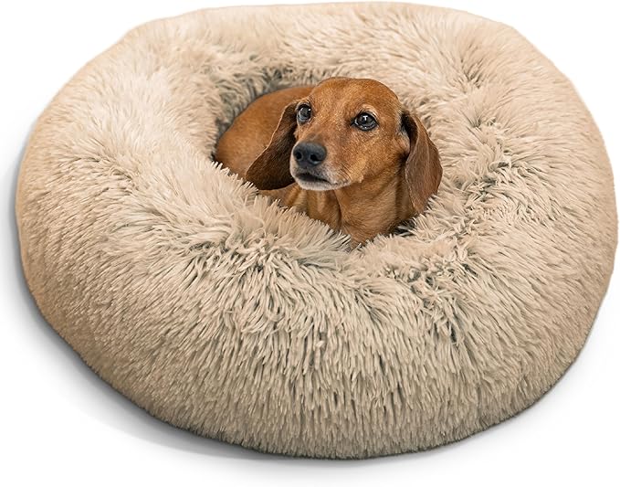 Best Friends by Sheri The Original Calming Donut Dog Bed – Washable Plush Pet Bed for Cats & Small Dogs up to 25 lbs, Shag Faux Fur, Taupe, Small (23" x 23")