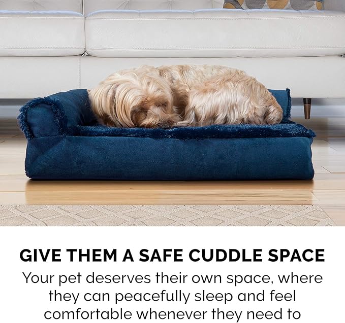 Furhaven Orthopedic Dog Bed for Large/Medium Dogs w/ Removable Bolsters & Washable Cover, For Dogs Up to 55 lbs - Plush & Velvet L Shaped Chaise - Deep Sapphire, Large