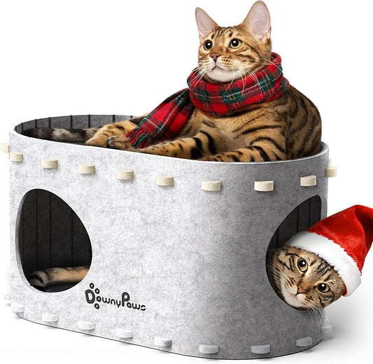 DownyPaws Cat House for Indoor Cats, Cat Bed Cave for Multiple & Large Cats Up to 22 Lbs, Scratch Resistant Peekaboo Cat Caves, Foldable Tunnel Enclosed Bed, PeekaPurr, Marble