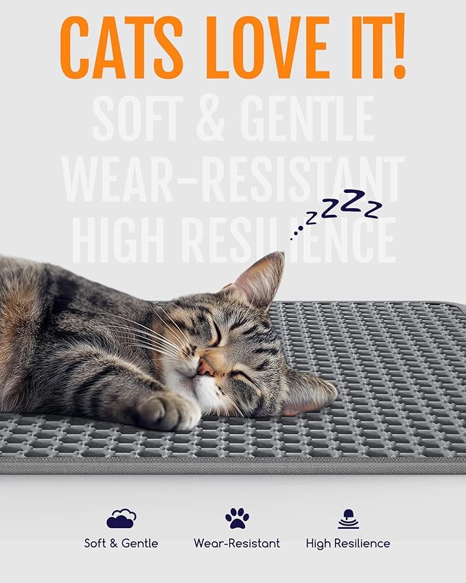 Cat Litter Mat - 46" x 35" Jumbo Litter Box Mat with Double Layers, Urine-Proof and Non-Slip Litter Trapping Mat, Easy to Clean Kitty Litter Mats for Floor, Scatter Control, Grey