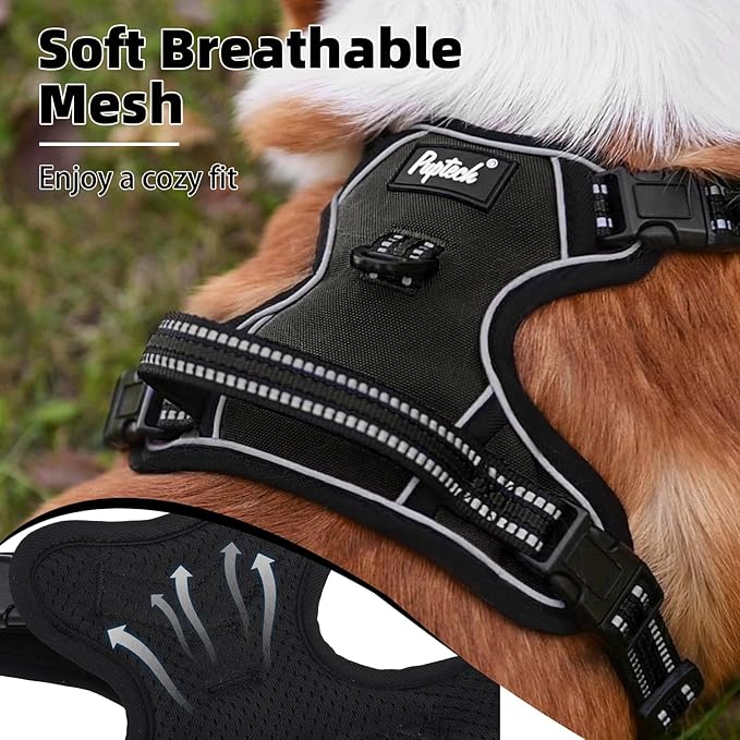 PUPTECK No Pull Dog Harness for Large, Adjustable Reflective Dog Harness with Handle Easy Control, Comfortable Soft Padded Pet Vest Harness for Extra Large Dogs, Black XL