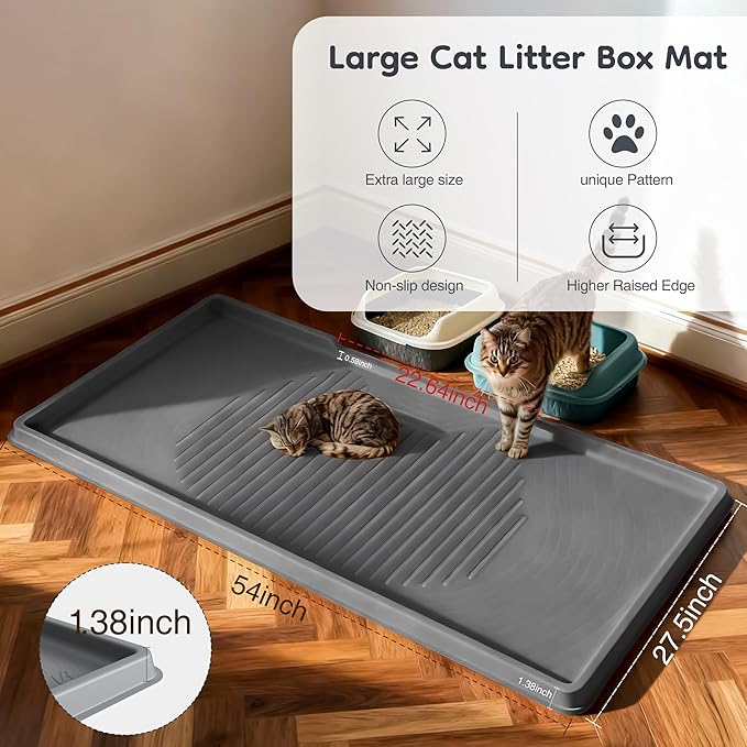 ISSEVE Cat Litter Mat 54" x 27.5" XXL, Extra Large Silicone Mat for Litter Box, 1.38" Raised Edge Urine Proof Litter Trapping Mat Pad for Scatter Control, Soft on Kitty Paws, Protect Floor (Dark Grey)