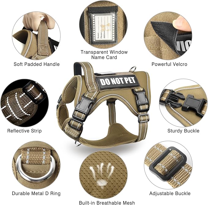Tactical Dog Harness and Leash Set for Large Dogs,Heavy Duty No Pull Service Dog Vest and 10 Patches with Dog Seat Belt,Reflective Adjustable Pet Harness for Training Walking Hiking Brown L