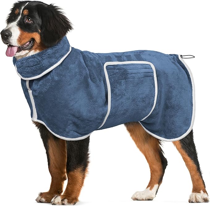 Dog Bathrobe Towel Drying Coat - Super Absorbent Dog Towels Bath Robe for Drying Dogs Large, Soft Adjustable Collar & Belly Strap Fast Drying Coat Pet Dog Cat Bath Robe Towel (Blue, Large)