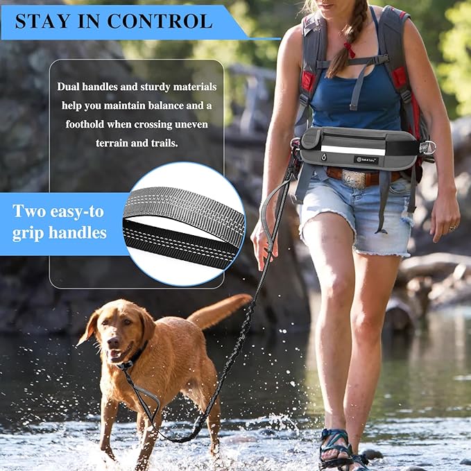 Tails & Tales Hands Free Dog Leash with Lightweight Waist Pouch for Walking Running Hiking, Adjustable Belt 25-45", Dual Padded Handles, Reflective Bungee Design for Small to Large 100lb Dogs (Gray)