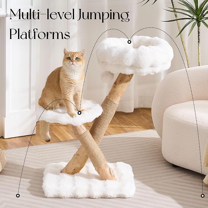 Solid Wood Cat Tree, Modern Cat Tree Tower for Large Indoor Cats, Natural Real Pear Wooden Aesthetic Cat Condo with Scratching Post for Adult Kittens-White