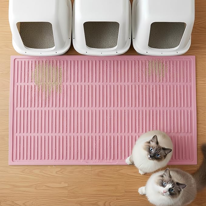 PetNova Extra Large Litter Mat: XL 39"x29" Silicone Waterproof Groove Design Litter Trapping Mat Easy to Clean for Multiple-Cats - Jumbo Non-Slip Cat Box Rug for Floor (Pink)