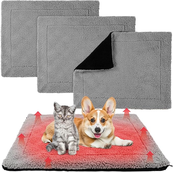 Novabright 3 Pack Self Warming Cat Bed 17x22 Inch Self Heating Dog Mat Reflects Body Heat Extra Warm Thermal Pet Pad Washable Cat Dog Bed for Outdoor Indoor Large Kittens Puppy(Black/Gray)