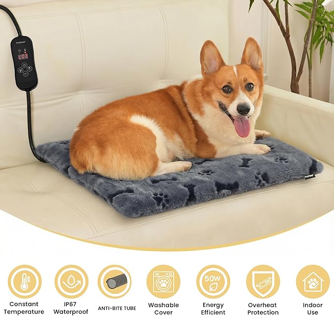 Pet Heating Pad for Cats Dogs, Heated Cat Dog Bed with 5 Temperature Levels, Timer, Auto Shut-Off, Thick Paw-Print Cover, Chew Resistant Cord for Indoor & Sheltered Outdoor Use (L: 26" x 20" x 1.3")