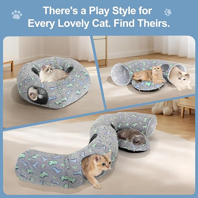Cat Tunnel Bed, Foldable Cat Donut Tunnel with Removable Cushion & Toy Ball, Stress Relief Fun, Round Pet Play Tunnel for Indoor Cats, Kittens and Small Pets (3D Dinosaur Pattern)
