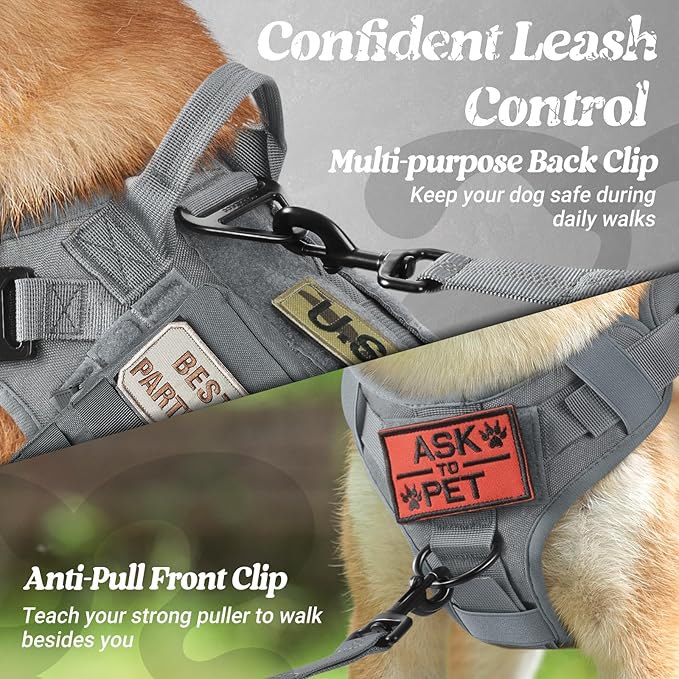 rabbitgoo Tactical Dog Harness for Large, Heavy Duty Pet Harness with Handle, No-Pull Service Vest Large Breed, Adjustable Military Dog Vest for Training Hunting Walking, Grey, XL