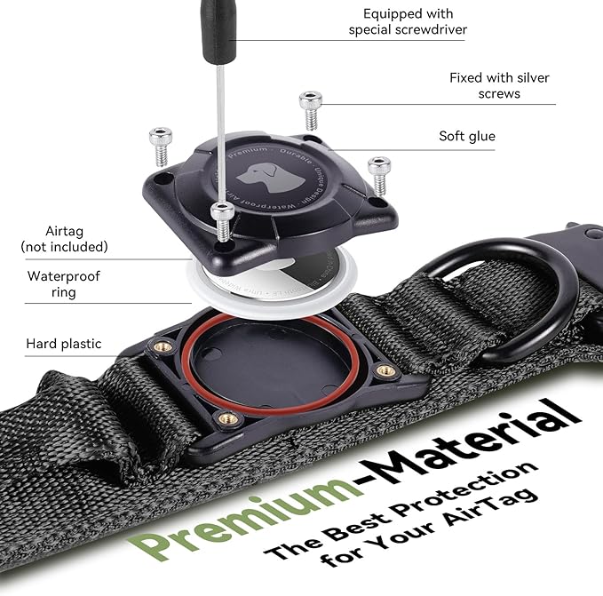2025 Upgrade Waterproof AirTag Dog Collar, Military Tactical Dog Collar with AirTag Holder, Comfortable Control Handle and Metal Buckle, GPS Dog Collar Holder for Medium to Large Dogs (Black, L)
