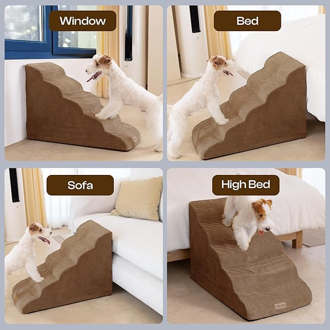 Extra Wide Dog Stairs for Large Dogs Up to 80lbs, 25" Pet Steps for High Bed with Washable Cover, 5-Step Foam Bed & Couch Ladder for Small Medium Dogs & Senior Cat, Coffee