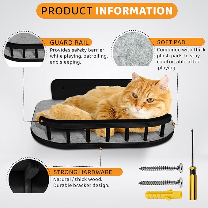 Cat Wall Shelves with 3 Steps – Modern Wood Wall Mounted Furniture, Climber & Perch Shelf for Cats up to 30lbs – Sturdy Floating Bed for Large Cats - Black