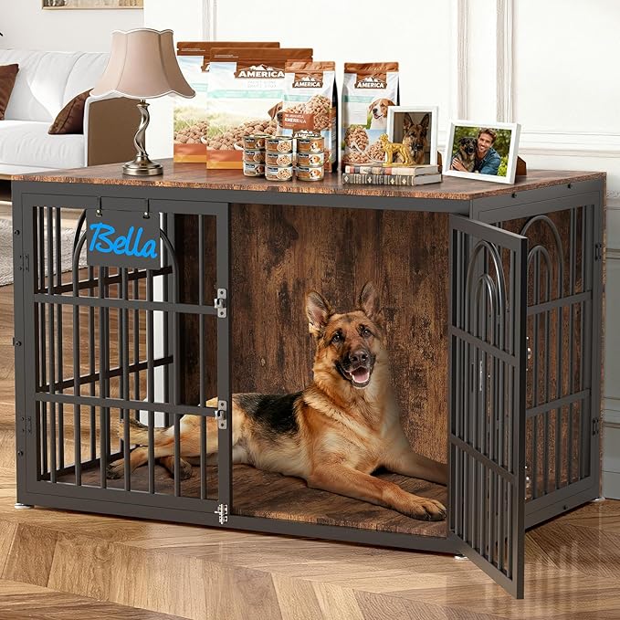 46.5" Dog Crate Furniture, Heavy Duty Dog Crates, Dog Kennel Furniture Indoor for Extra Large Dog as TV Stand, Wooden Cage End Table for Indoor, Name Tag Escape-Proof Locks & Double Door