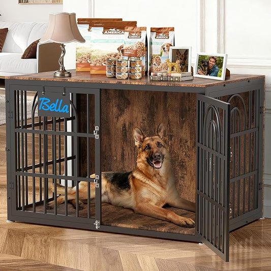 46.5" Dog Crate Furniture, Heavy Duty Dog Crates, Dog Kennel Furniture Indoor for Extra Large Dog as TV Stand, Wooden Cage End Table for Indoor, Name Tag Escape-Proof Locks & Double Door