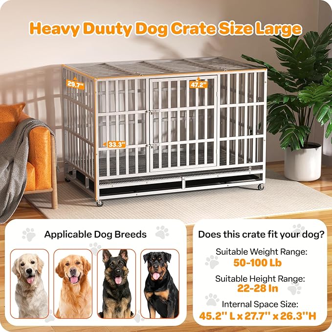 Heavy Duty Dog Crate 48 Inch, Indestructible Dog Crate with Removable Tray, Escape Proof & High Anxiety Dog Kennel Indoor, Metal Dog Cage with Wheels for Large Dogs, XL XXL XXXL
