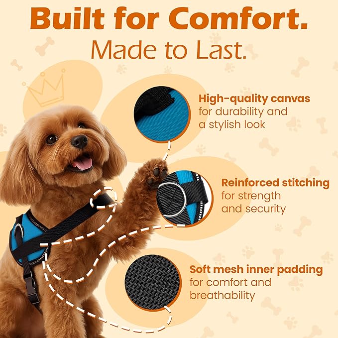 Bark Appeal Aqua Blue No-Pull Dog Harness for XS to Small Sized Pets – Adjustable, Reflective Vest with 3 Leash Clips for Added Control, Easy Walks & Training – Small