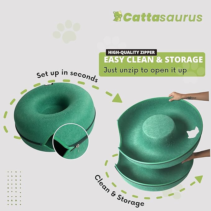 Cattasaurus Peekaboo Cat Cave Donut for Multiple & Large Cats up to 30-45 lbs, 3-in-1 Self Warming Cat Bed, Tunnel & Scratcher for Indoor Cats, Washable & Detachable Dog Bed (Forest Green, Large)