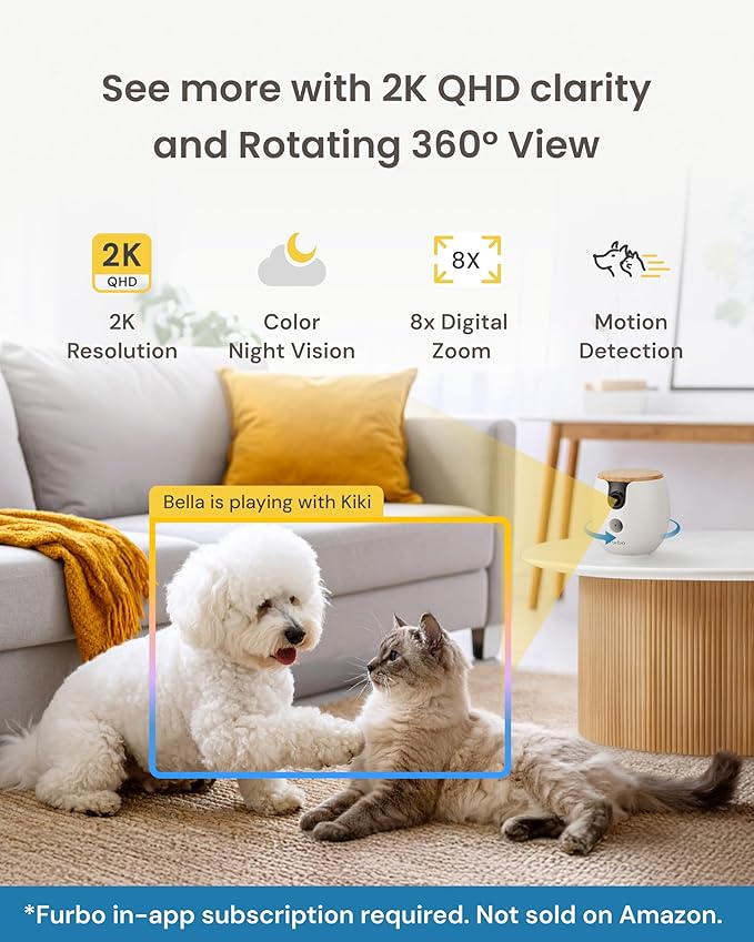 Furbo Mini 360° [Subscription Required] New 2K QHD Pet Camera - Unlock w/Paid Plan: Dog & Cat Safety Alerts, Rotating Treat Toss w/ 2-Way Speaker Smart Cam (Low Risk, 3mo Min. Cancel Anytime)