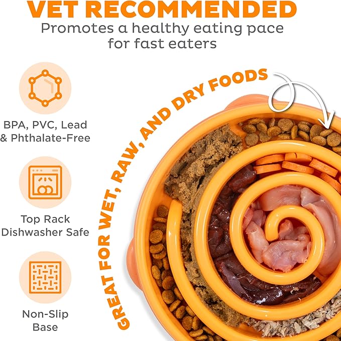 Outward Hound Large Slow Feeder Bowl, Puzzle Maze for Fast Eaters, Medium to Large Dogs, Helps Prevent Bloat & Aid Digestion, Holds 4 Cups Wet or Dry Food, Non-Slip, Made Without BPA, Orange
