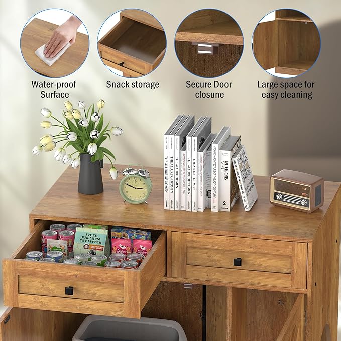 Cat Litter Box Enclosure Furniture Ultra-Large Wooden Hidden Litter Box,2-Door Storage Cabinet, 2 Drawers, 1 Air Vents,Litter Box Furniture Fit Most of Litter Box.
