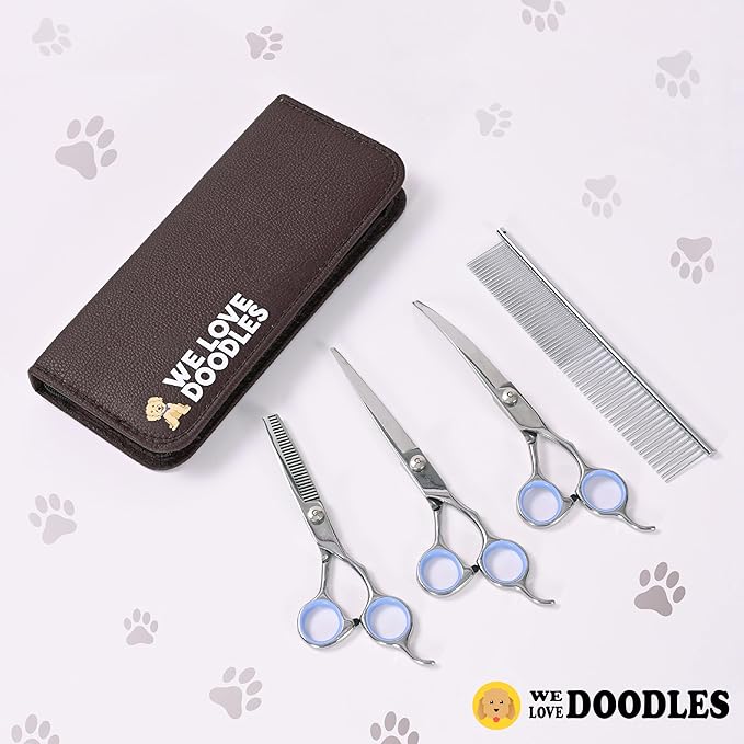 Dog Grooming Scissors Kit - Best Tools for Goldendoodles, Poodles & Doodles - Straight, Curved & Thinning Shears - Golden Doodle Grooming Kit - Professional Grade Steel, 4 Pc Set (Long Silver)