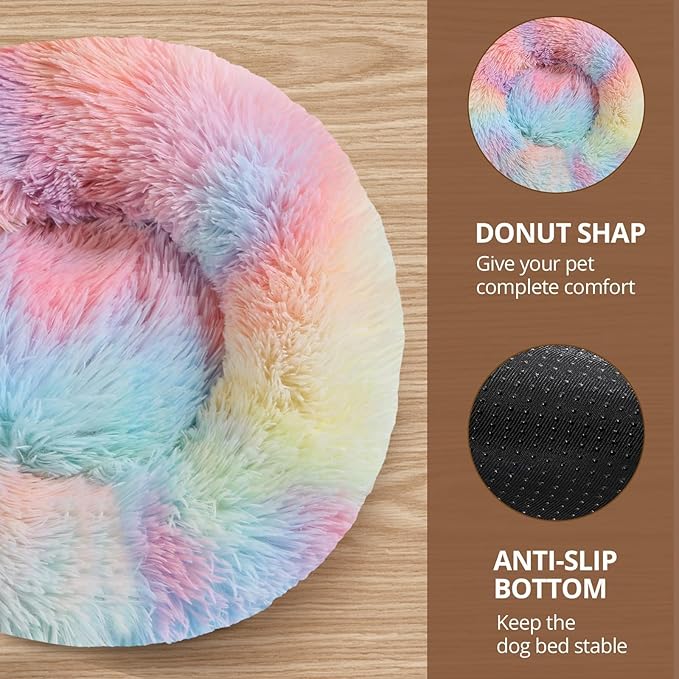 JOLLYVOGUE Calming Small Dog & Cat Bed for Indoor Cats - 20 inches Washable Donut Bed for Kittens & Puppies, Anti-Anxiety Round Fluffy Plush Pet Beds (Fits up to 15 lbs, Rainbow)