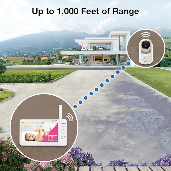 VTech Video Baby Monitor with 7" Color LCD Screen, Rechargeable Battery, Video Streaming, Audio Streaming, Pan-Tilt-Zoom, Touch Multi-Color Night Light, Two-Way Talk, Long Range: Advanced Max Tan