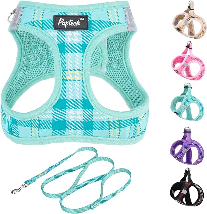 PUPTECK Dog Harness and Leash Set for Small Medium Dogs No Pull Step-in Soft Mesh Puppy Cat Vest Harnesses Reflective at Night, Plaid Pattern Green L