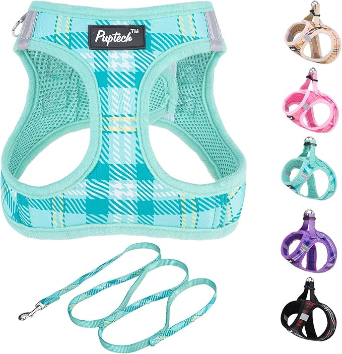 PUPTECK Dog Harness and Leash Set for Small Medium Dogs No Pull Step-in Soft Mesh Puppy Cat Vest Harnesses Reflective at Night, Plaid Pattern Green XS