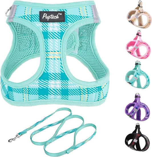 PUPTECK Dog Harness and Leash Set for Small Medium Dogs No Pull Step-in Soft Mesh Puppy Cat Vest Harnesses Reflective at Night, Plaid Pattern Green M