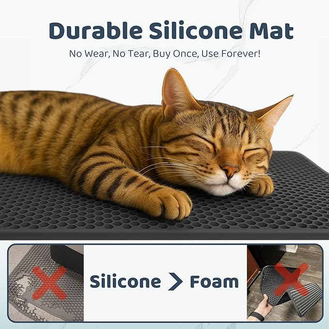 Silicone Cat Litter Mat 24"x15" (Keep Floor Clean)(Easy Clean)(Anti-Crease)(Built to Last)(Non-Slip)(Double Layer Detachable)(Soft on Paws)(Claw-Proof)