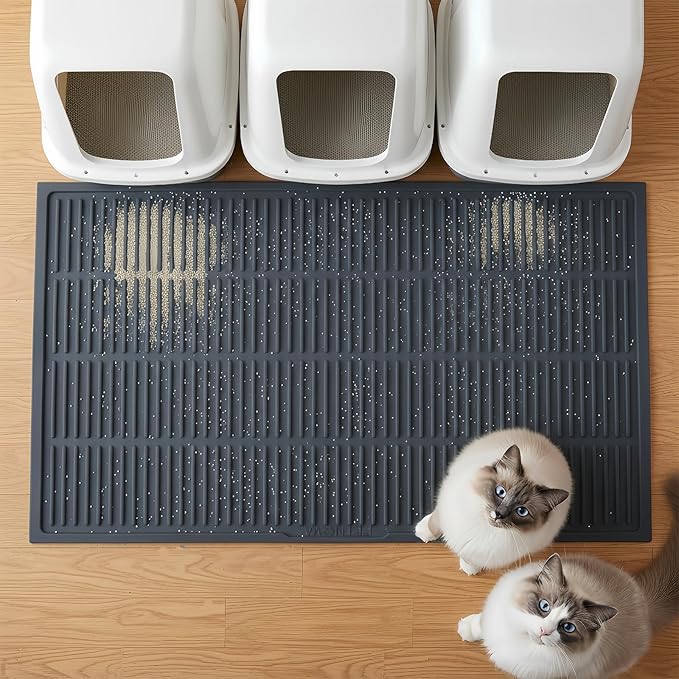 PetNova Extra Large Litter Mat: XL 39"x29" Silicone Waterproof Groove Design Litter Trapping Mat Easy to Clean for Multiple-Cats - Jumbo Non-Slip Cat Box Rug for Floor (Black)